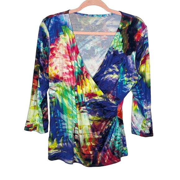 Women's bright tie dye faux wrap  Y2K 90s stretch top size M/L - Picture 1 of 6